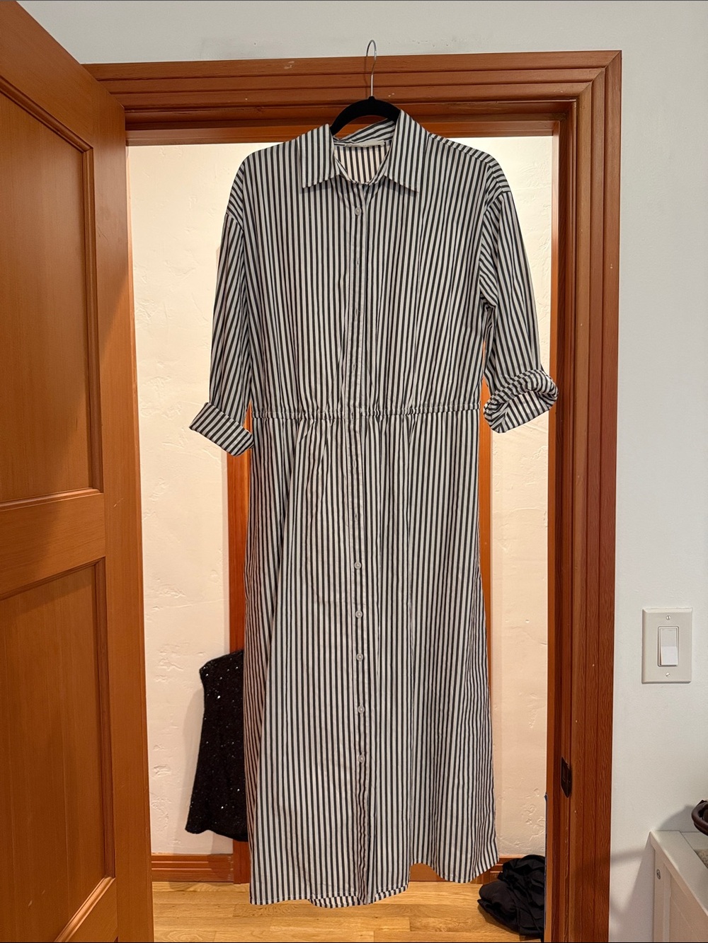 Everlane Black and White Striped Maxi Shirt Dress